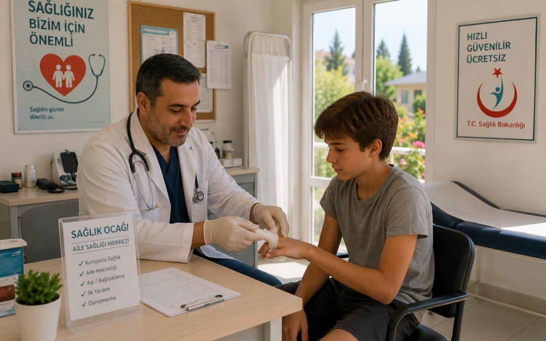 Arzt versorgt die Hand eines Jugendlichen in einem tuerkischen Saglik Ocagi (Familiengesundheitszentrum)