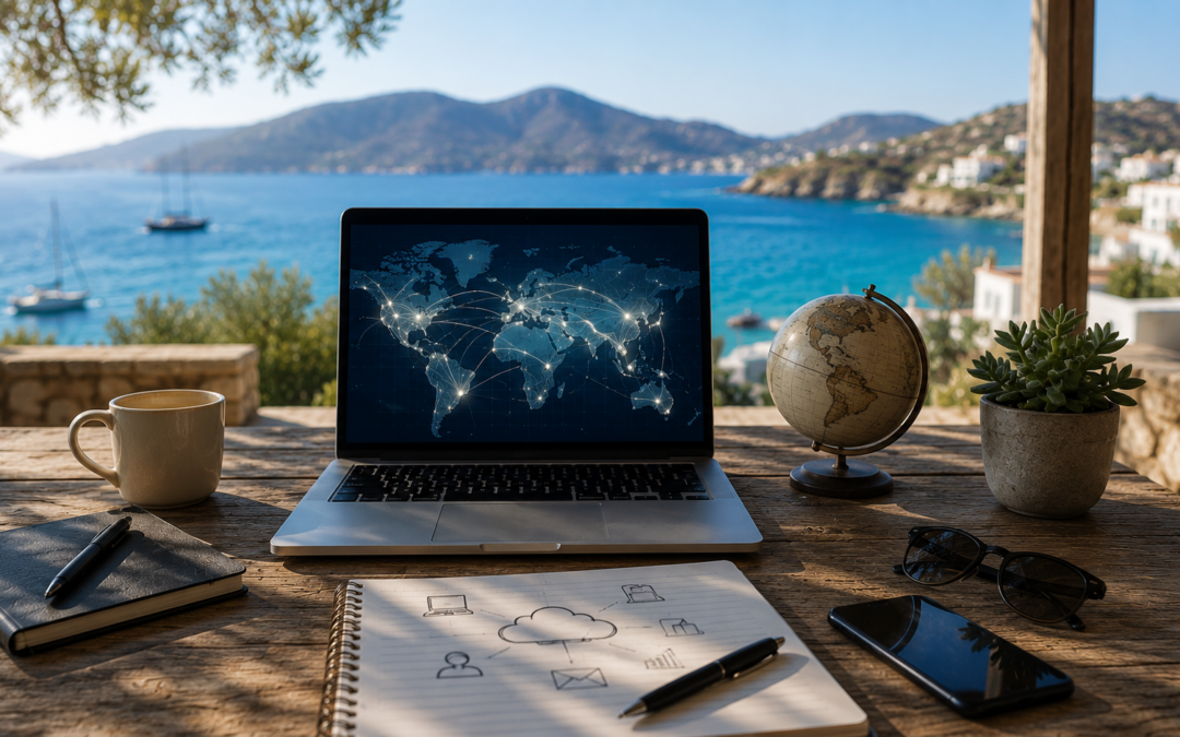 Laptop mit Weltkarte auf einer Terrasse mit Meerblick, Globus und Notizen zu digitalem Business