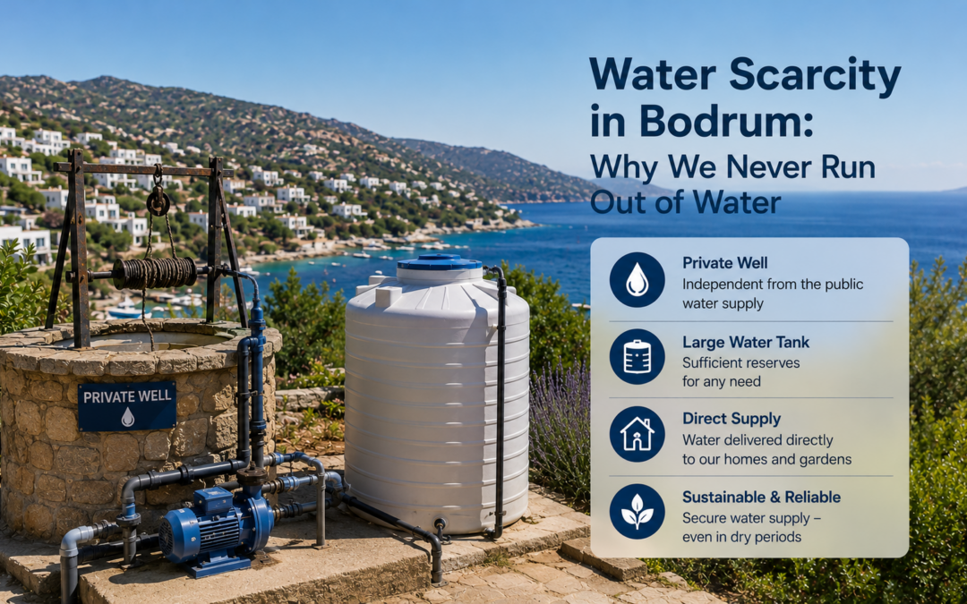Privater Brunnen mit Wassertank vor der Kueste bei Bodrum, Infografik zur sicheren Wasserversorgung