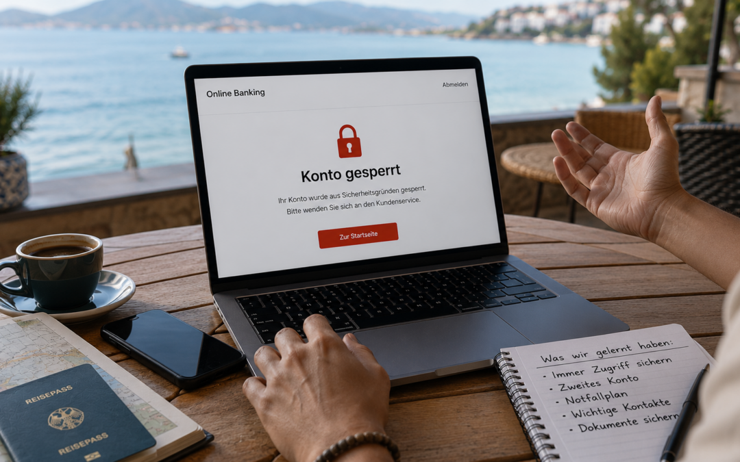 Laptop mit Meldung "Konto gesperrt" auf einer Terrasse mit Meerblick, daneben Reisepass und Notizen